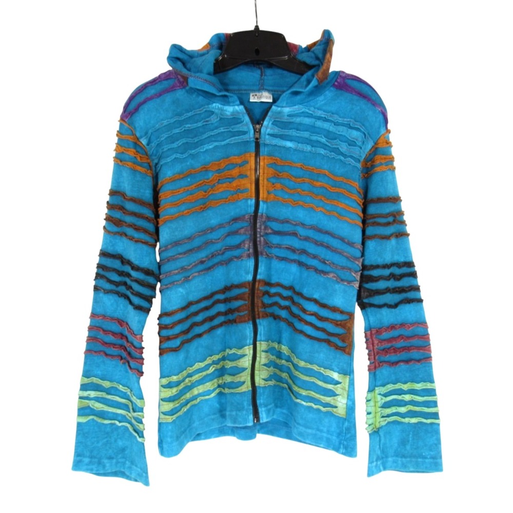 INDIA BOUTIQUE Teal/Multi TWILL Full-Zip RAZOR CUTS STRIPED Hoodie Jacket Sz XL
